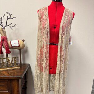 LuLaRoe Joy long sleeveless vest beige lace NEW size S